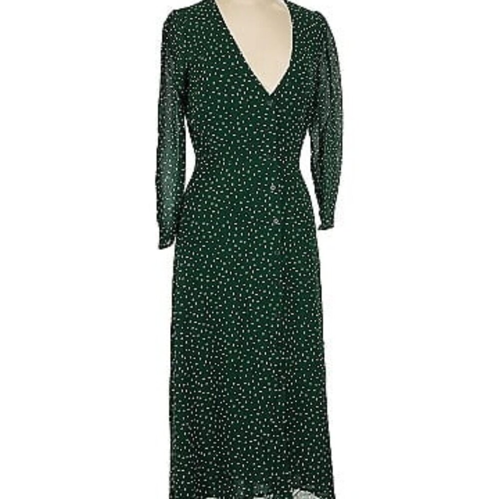 Reformation Green Polka Dot, Button fro, Long Sleeve Maxi Dress